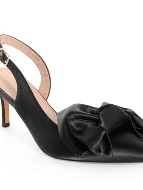 Satin Pointed Toe Slingback Bow Kitten Heel Pump